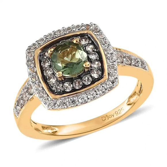 Natural Green Apatite, White and Champagne Zircon Double Halo Ring - Picture 8 of 8